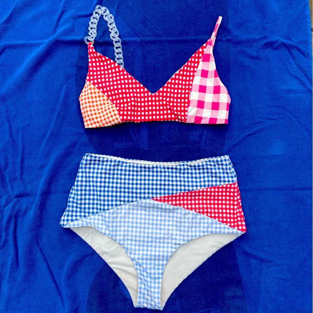 Marysia Swim. Suffolk gingham triangle bikini top and bottoms.